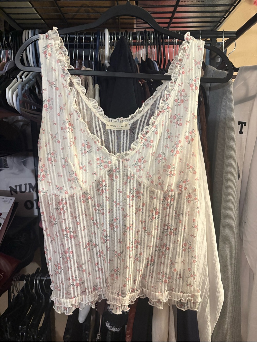 Floral Ruffled V-Neck Ivory Sleep Tank